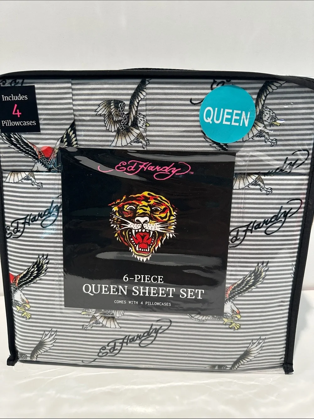 NWT Ed Hardy Eagles in Floght 6 Piece Queen Sized Sheet Set W/ four Pillow Cases